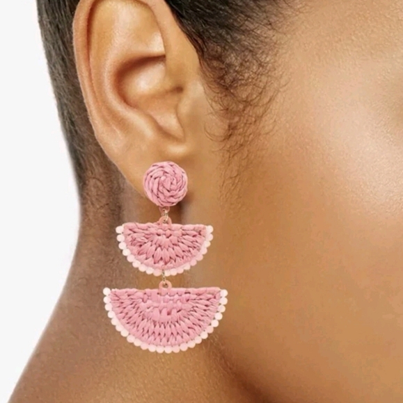 On 34th Pink Woven Raffia Bohemian Style Tiered Stud Earrings - Picture 5 of 5